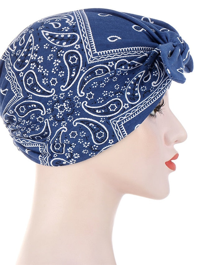 6 Colors New Fashion Bandanas Women Print Knotted Twist Turban Hat Twist Hijab Bonnet Cap India Hat Rabbit Ear Headband Muslim Hijab for Women