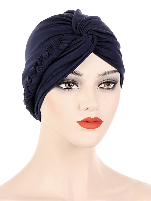Women Lady Muslim Braid Head Turban Wrap Plain Color Islamic Arab Cap Hat Hair Loss Bonnet Beanies for Women