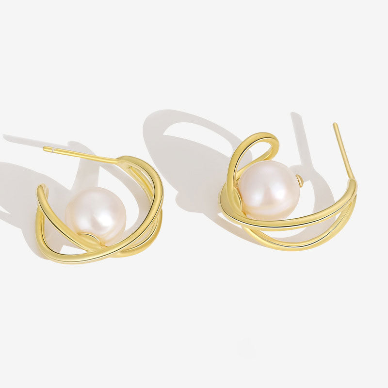 Two Tone 18K Gold Plated Baroque Pearl Hoop Earrings