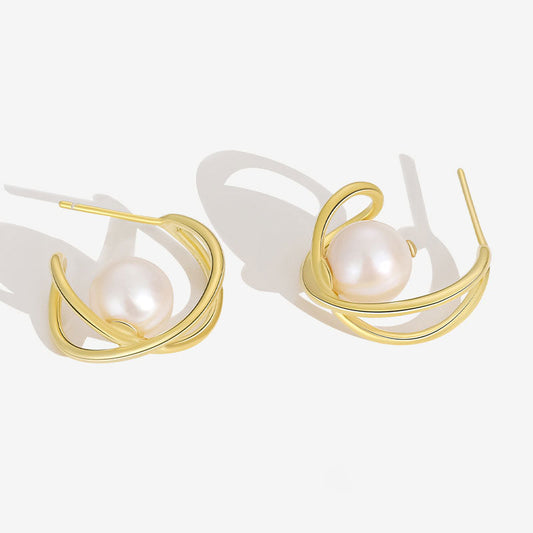 Two Tone 18K Gold Plated Baroque Pearl Hoop Earrings