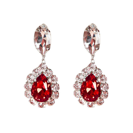 Red Pear Cut Gem Dangle Earrings Silver Plated