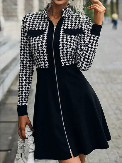 A Line Dress Church Dress Mini Dress Black Long Sleeve Print Zipper Winter Fall Autumn Stand Collar Stylish Winter Dress Weekend Fall Dress  S M L XL for Women