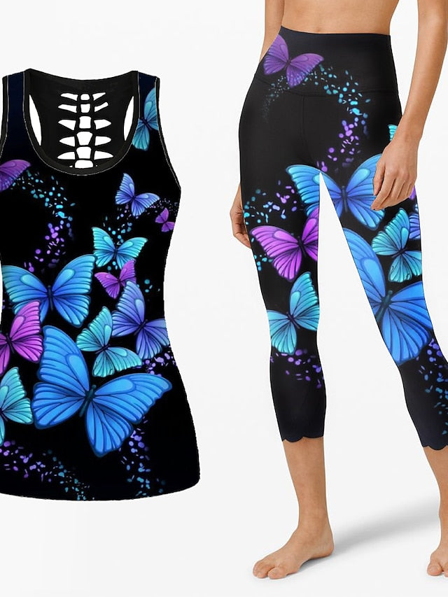 21Grams Women's Workout Sets 2 Piece Butterfly Tank Top Capri Leggings Clothing Suit Black Golden Yoga Fitness Gym Workout Tummy Control Butt Lift Breathable Sleeveless Sport Activewear Stretchy