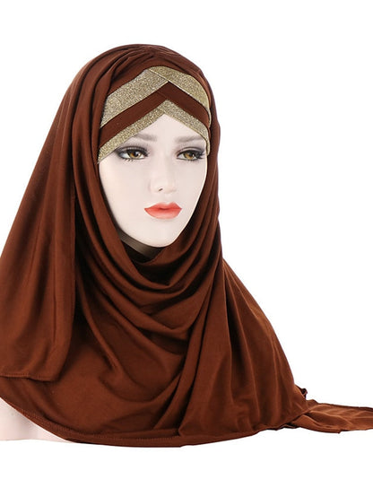 Forehead Cross Hair Wrap Scarf Solid Color Glitter Sequins Jersey Hijabs Muslim Headband Women Turban Hair Cap Headscarf for Women
