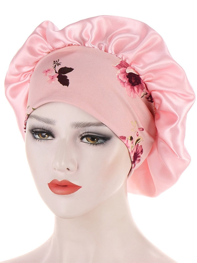 Women Satin Night Beauty Salon Sleep Cap Bonnet Hat Silk Headwrap Floral Print Wide Elastic Band Curly Springy Hair Chemo Cap Sleep Cap for Women
