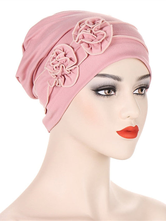 1pcs Beanie Hat Headwear Turban Covers Two Flower Head Wraps Turban Hat Classic Vintage Women Solid Color Soft Headgear for Women