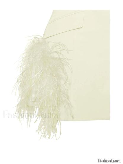 Madeline Pearl White Charming Feather Trim Blazer Dress