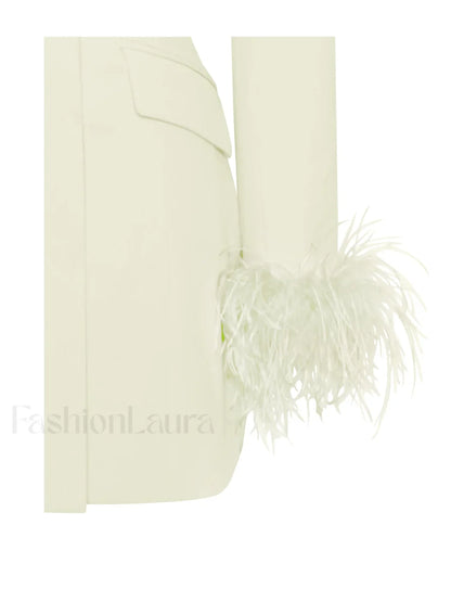 Madeline Pearl White Charming Feather Trim Blazer Dress