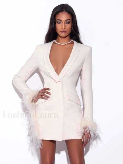 Madeline Pearl White Charming Feather Trim Blazer Dress