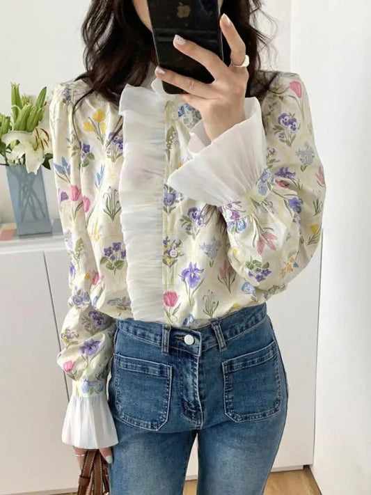 Blusa elegante con volantes y estampado floral para mujer | Ideal para primavera/verano