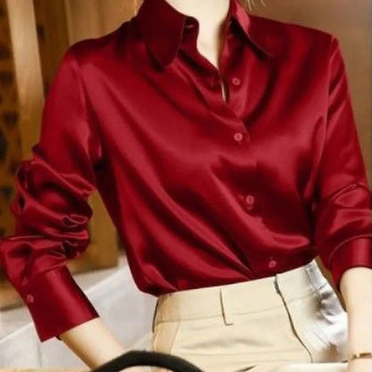 Elegante blusa de satén con botones y cuello para mujer | Ideal para primavera/verano