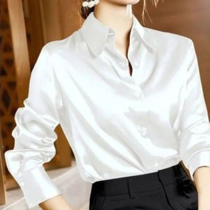 Elegante blusa de satén con botones y cuello para mujer | Ideal para primavera/verano