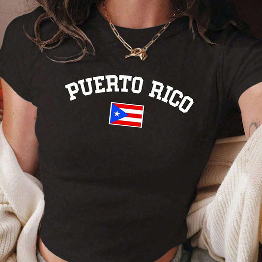 Camiseta corta informal de verano, ajustada, de manga corta y con estampado de letras campestres