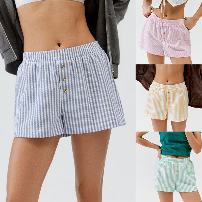 Women Casual Stripe Button Loose Shorts