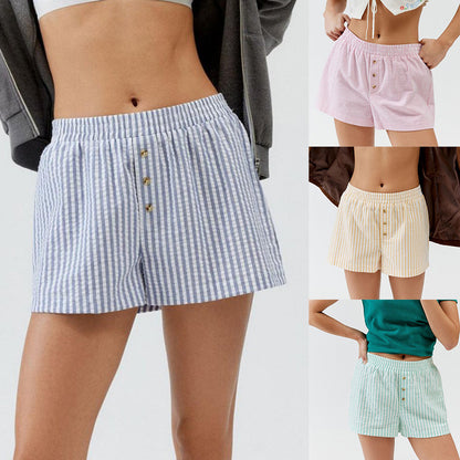 Women Casual Stripe Button Loose Shorts