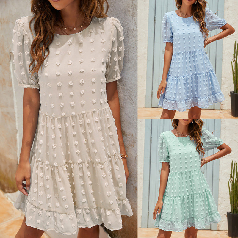 Vestido liso holgado de jacquard con mangas abullonadas y cuello redondo informal de verano para mujer