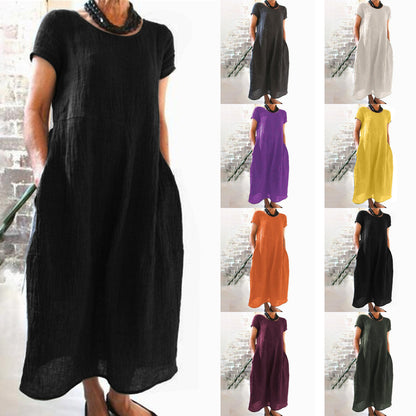 Women Solid Color Casual Loose Cotton And Linen Dress