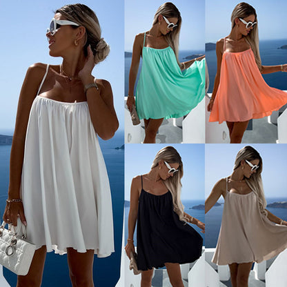 Women'S Fashion Casual Solid Color Round Neck Sleeveless Loose Spaghetti Strap Dress