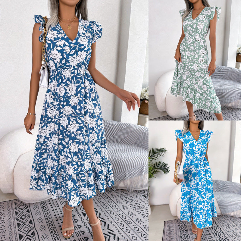 Vestido de fiesta floral con orejeras de madera, informal y de moda para mujer