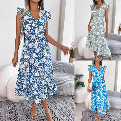 Vestido de fiesta floral con orejeras de madera, informal y de moda para mujer