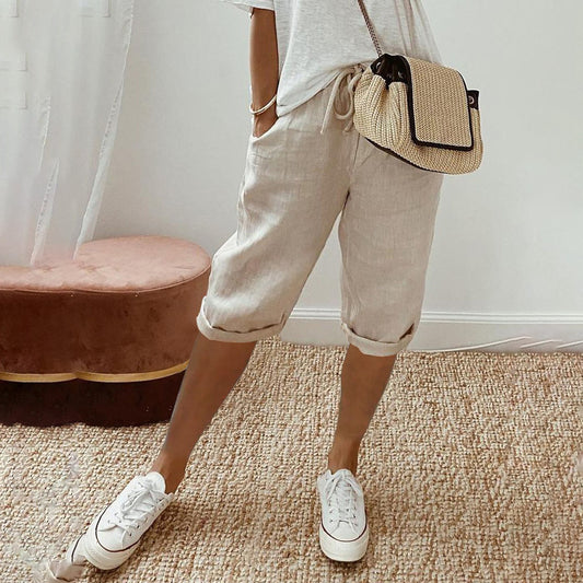 Pantalones casuales de algodón y lino para mujer, de color liso y con bolsillos