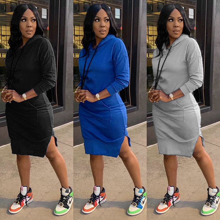 Winter Women Fashion Casual Athleisure Solid Color Long-Sleeved Sweatdress