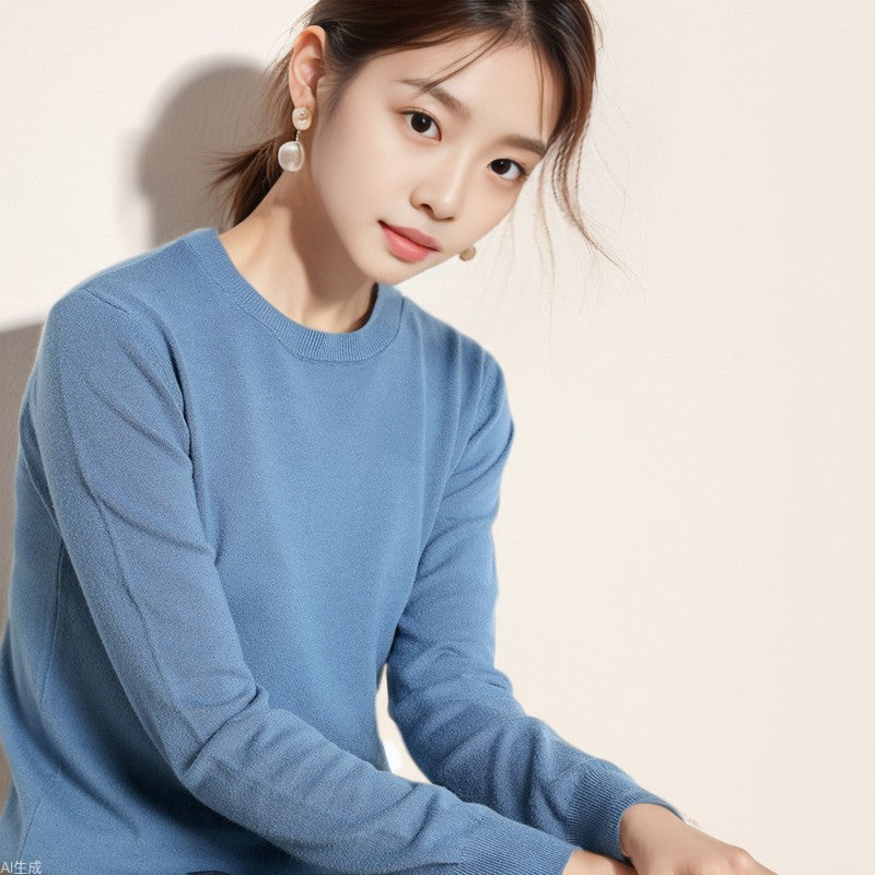 Women Simple Casual Solid Color Round Neck Long Sleeve Knitted Sweater