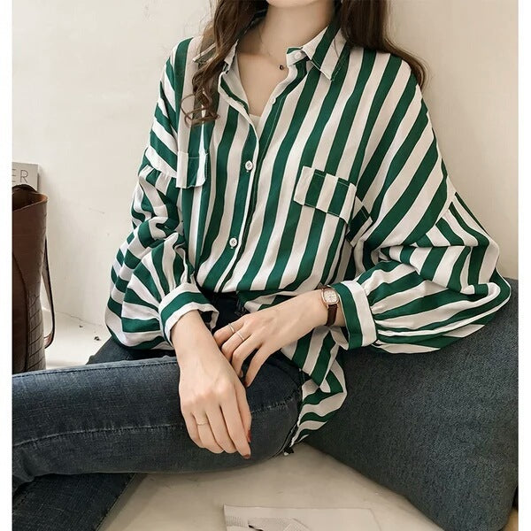 Blusas casuales de manga larga con estampado de rayas para mujer