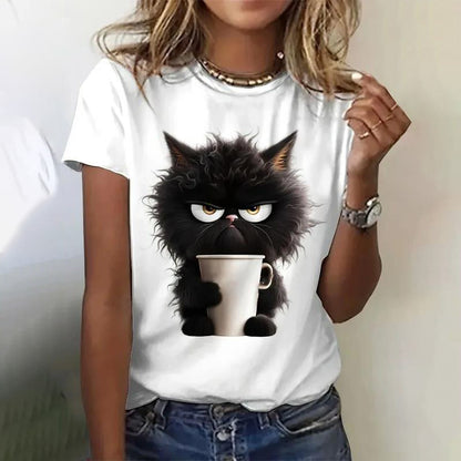 Camiseta informal de manga corta con estampado de gato para mujer
