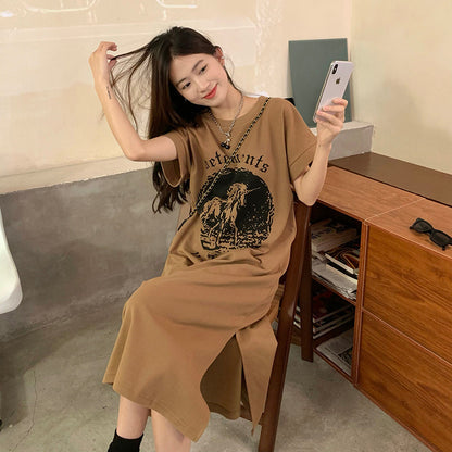 Vestido de verano para mujer, fresco, informal, recto, con cuello redondo y manga corta