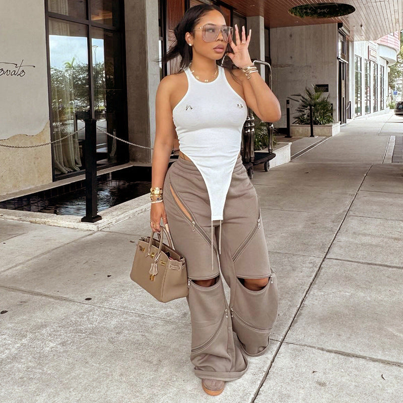 Women Fashion Casual Loose Multi-Zipper Pocket Pants
