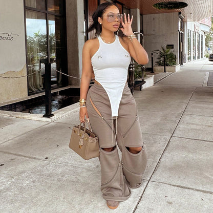 Women Fashion Casual Loose Multi-Zipper Pocket Pants