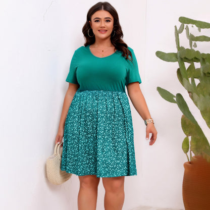 Women Fashion Casual Plus Size Floral Printed Splice Round Neck Short Sleeve Dress