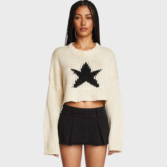 Top corto de manga larga de punto con estampado de estrellas y cuello redondo informal para mujer Otoño Invierno