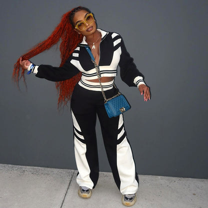 Athleisure Women Autumn Winter Contrast Color Casual Zipper Sweatshirt Wide Leg Pants Two-Piece Set