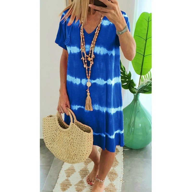 Women Casual Tie Dye Short Sleeve Summer V Neck Loose Bohemian Beach Dress