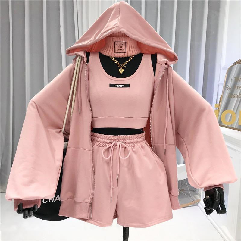 Women Fashion Casual Solid Color Tank Top Long Sleeve Zipper Hoodies Defined Waist Drawstring Shorts 3pcs Set