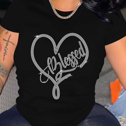 Camiseta informal holgada de talla grande para mujer, cuello redondo, manga corta, estampado de corazón de diamante