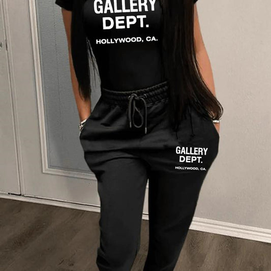 Conjunto de dos piezas de camiseta y pantalón deportivo informal con estampado de letras para mujer