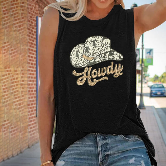 Western Summer Women Casual Hat Niutou Printed Round Sleeveless Vest