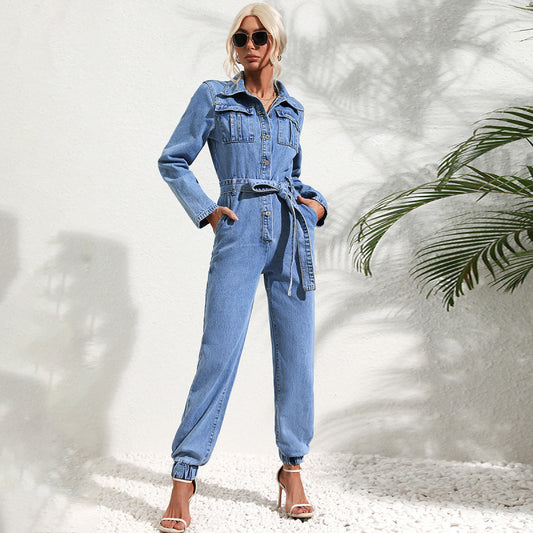 Women Fashion Casual Lapel Long Sleeve Pocket Denim Jumpsuits
