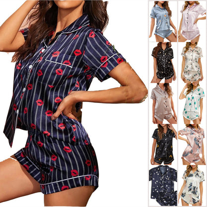 Conjunto de pijama informal de satén para mujer, con mangas cortas, solapa a rayas y pantalones cortos de botonadura sencilla