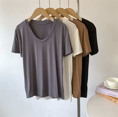 Camiseta informal de verano para mujer, color liso, cuello en U, manga corta, sin mangas