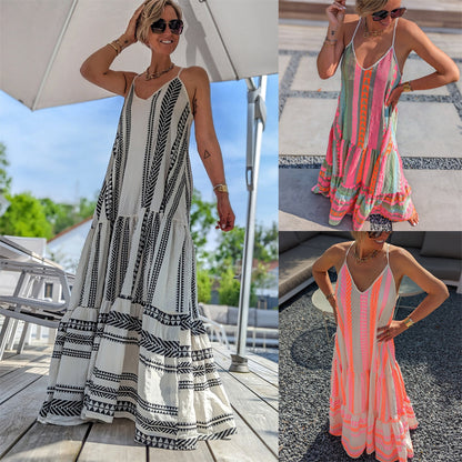 Vestido largo informal con cuello en V y estampado geométrico para mujer