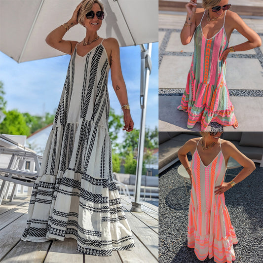 Women Fashion Casual V-Neck Strap Geometric Print Maxi Dress