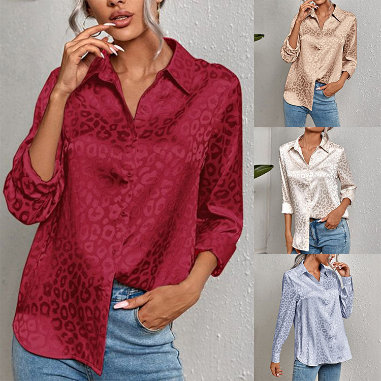 Blusa informal de manga larga con solapa y estampado de leopardo y satén jacquard para mujer