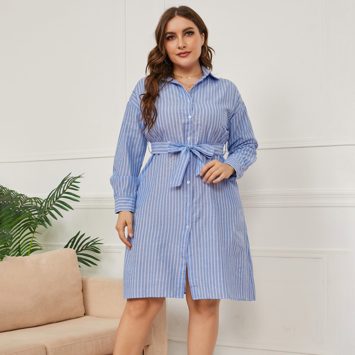 Women Fashion Casual Plus Size Stripe Lapel Long-Sleeve Single Breasted Lace-Up Dress