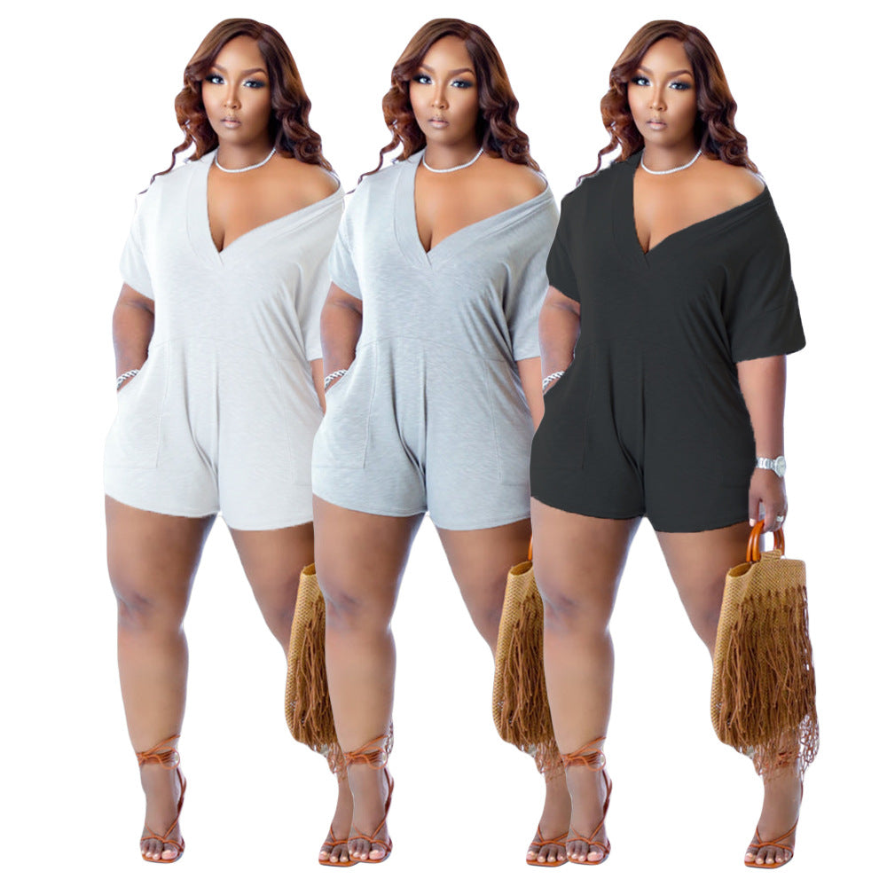 Plus Size Women Casual Imitation Cotton Plus Size One-Piece Short Sleeve Rompers