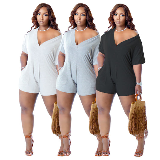 Plus Size Women Casual Imitation Cotton Plus Size One-Piece Short Sleeve Rompers