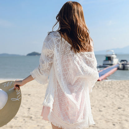 Women Casual Boho Lace Chiffon Tassel Sun-Protective Cover Up